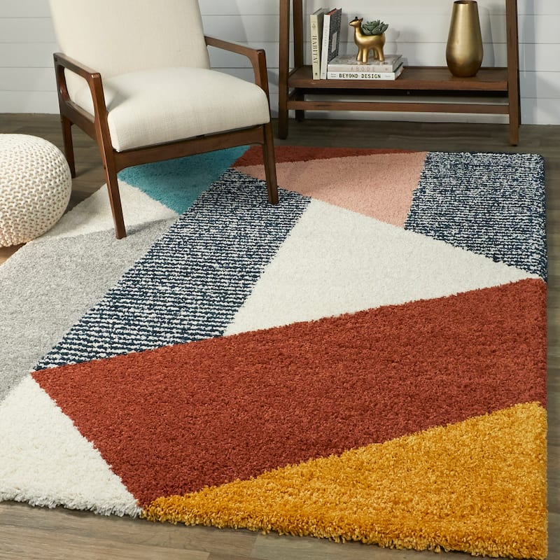 Merril Mid-century Modern Color Block Shag Area Rug - 6'7" Square - Burnt Orange