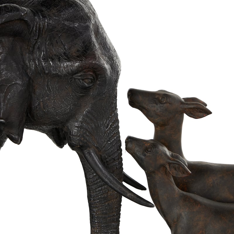 Black Resin Walking Elephant Decorative Sculpture with Dark Brown Deer - 6"W x 20"L x 11"H