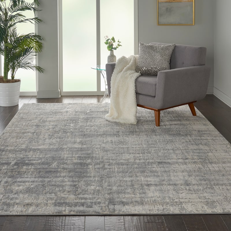 Rustic Textures Distressed Contemporary Abstract Area Rug - 9'3" x 12'9" - Ivory/Silver - Runner/Rectangle