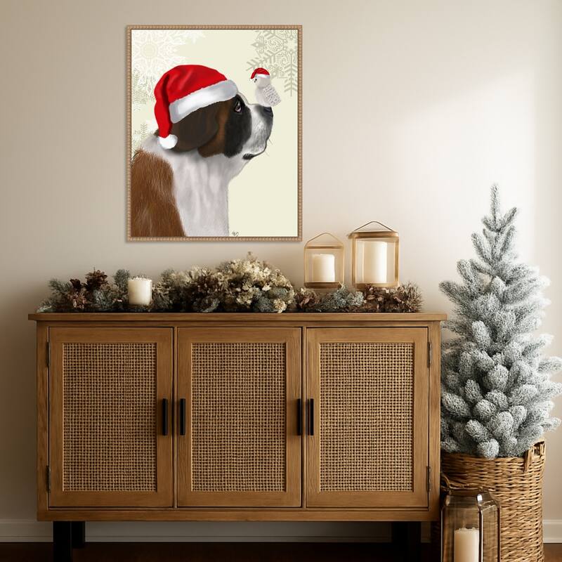 Christmas St Bernard and Fluffy Owl by Fab Funky (23 x 28 in.), Framed Canvas Wall Art Print - Sylvie Beaded Rustic Natural