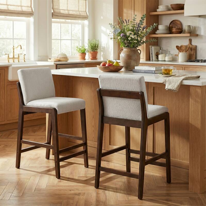 Christopher Knight Home - Eli Classic Wooden Upholstered Bar Stool with Padded Seat and Backrest - Set of 2 - Beige,Dark Walnut