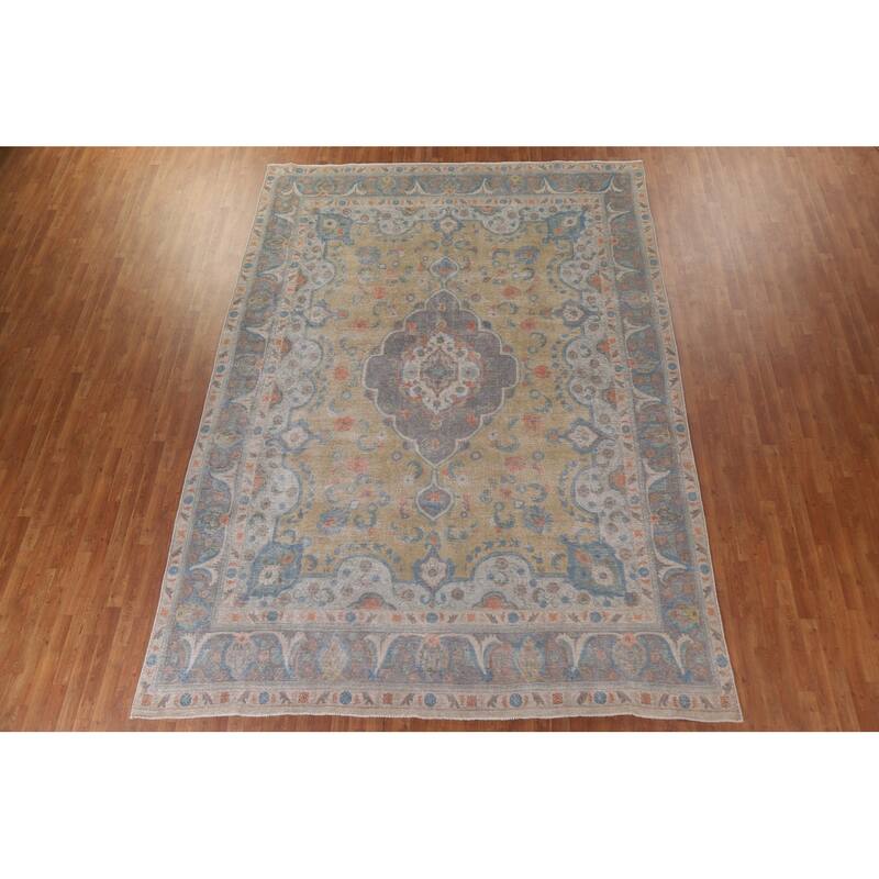 Hand Knotted Oriental 100% Wool Carpet Traditional Medallion Yellow & Gold Tabriz Area Rug - 12' 11'' X 9' 6''
