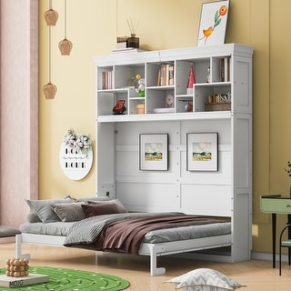 Queen Murphy Bed with USB & Top Shelves - Multi-Function Fold-Away Wall ...