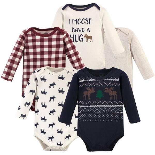 slide 1 of 1, Little Treasure Baby Boy Cotton Long-Sleeve Bodysuits 5pk, Moose Sweater 0-3 Months - Moose Sweater