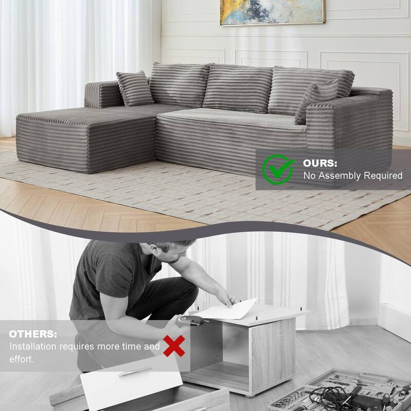 Boneless L-shaped Sectional Sofa with Chaise, Modular Sleeper Sofa Bed Corduroy Compression Deep Seat Sectional Couch