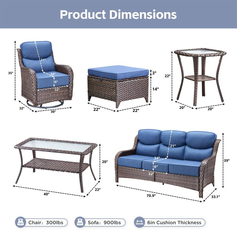 Meyreso 7-Piece Wicker Patio Conversation Set with Swivel Gliders and 6-Inch Thick Cushions