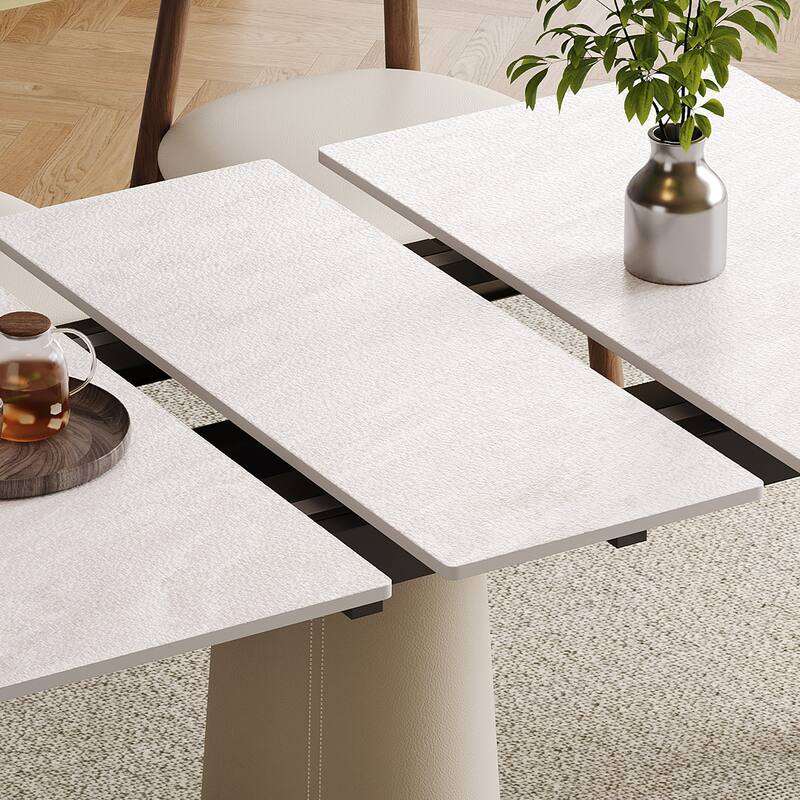 Retractable Rock Slab Dining Table Set, Modern 5-Piece Expandable Table with 4 Wooden Leg Chairs & Leather-Wrapped Base