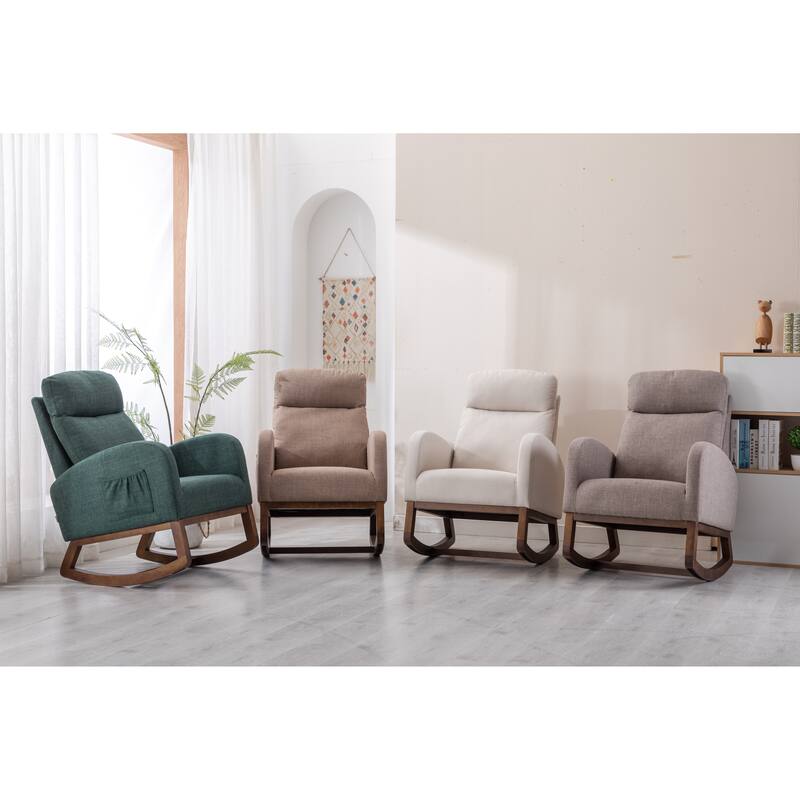 Modern Accent Upholstered Rocking Rocker High Back Arm Chair with Wooden Frame Side & Pockets for Living Room
