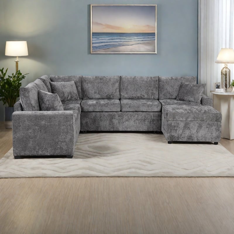 112.2" Chenille Sectional Sleeper Sofa 6-Seat Pull-Out Bed with Storage Ottoman and Charging Ports - Grey