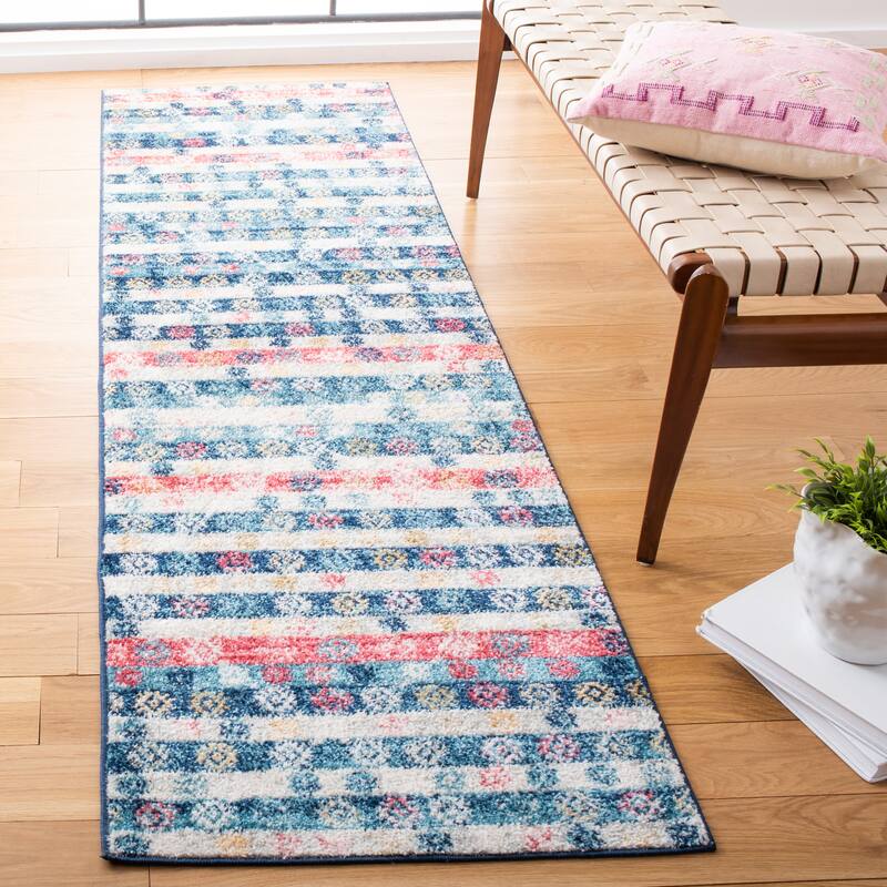 SAFAVIEH Madison Penny Boho Stripe Rug - 2'3" x 8' Runner - Navy/Ivory