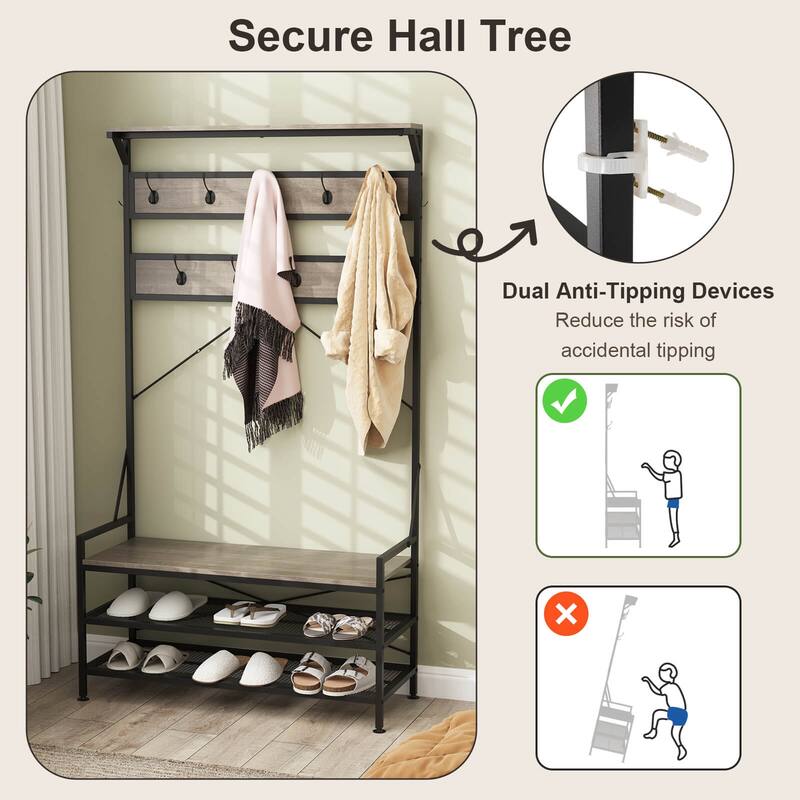 Costway Coat Rack 4-In-1 Hall Tree with 11 Hanging Hooks, Shoe Bench, - See Details