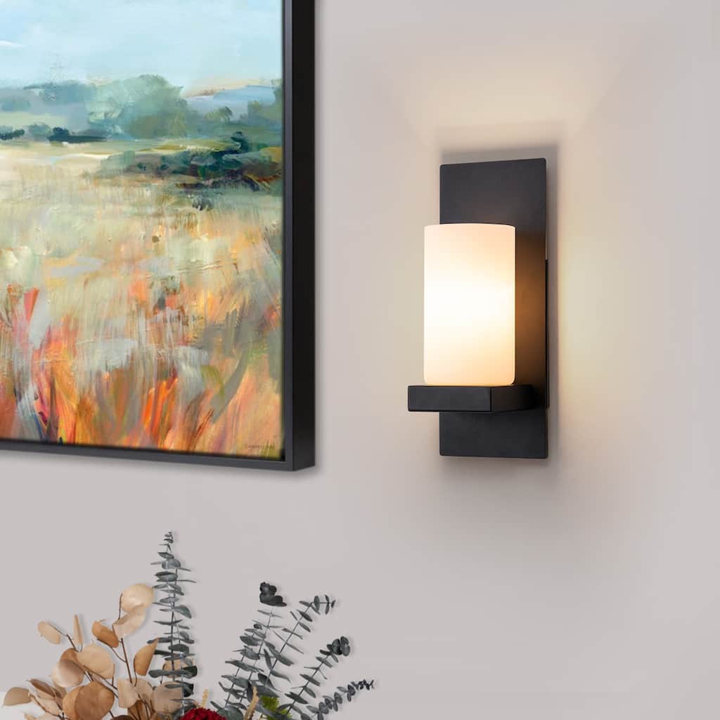 1-Light Matte Black Wall Sconce with Opal Glass Shade