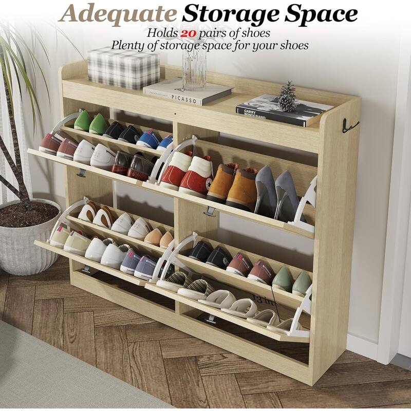 Freestanding Hidden Shoe Rack, Shoe Storage Cabinet with 4 Flip Drawers