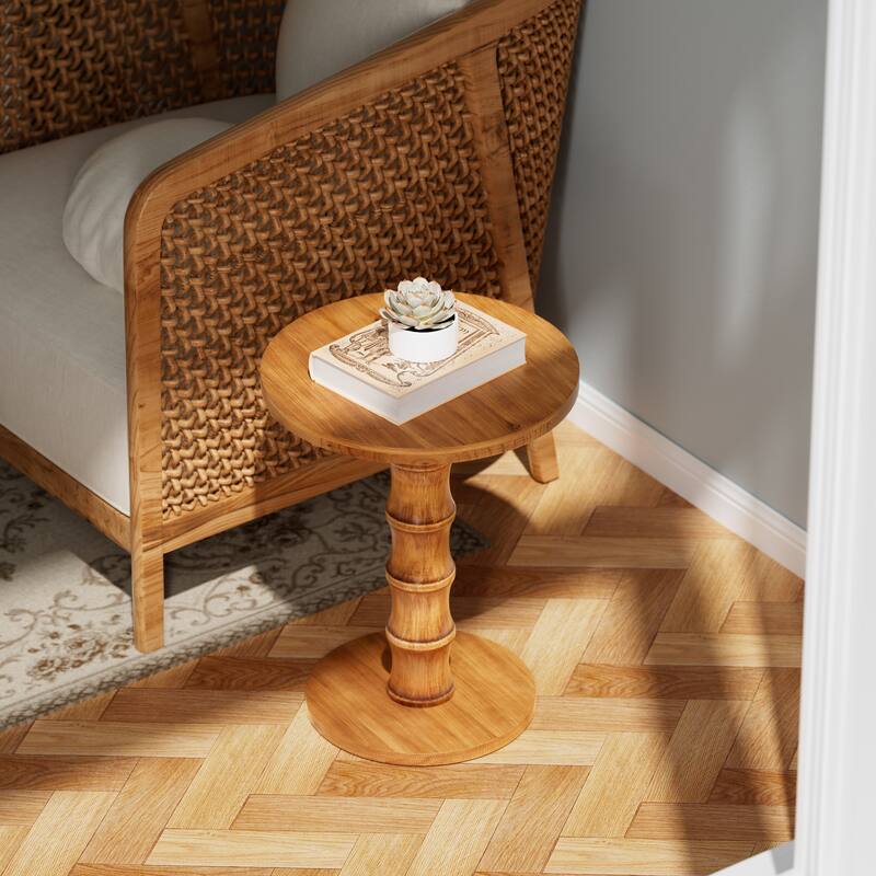COZAYH Farmhouse Wood Base Pedestal Table, Round Accent Table for Living Room or Entryway, Compact Side Table for Small Spaces - Natural