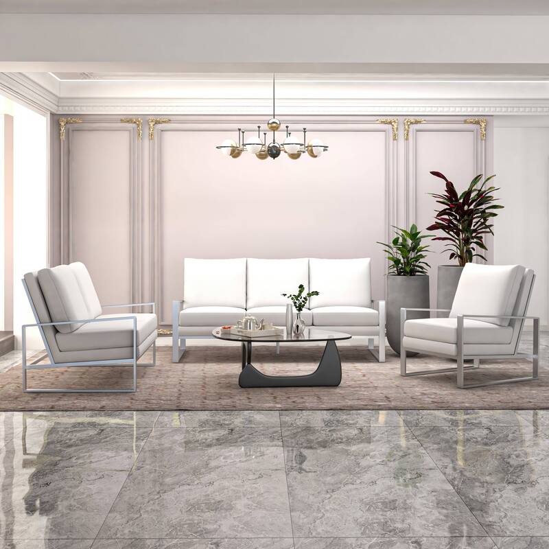 3-Piece Leather Sofa Set Brushed Stainless Steel Base and Removable Cushions