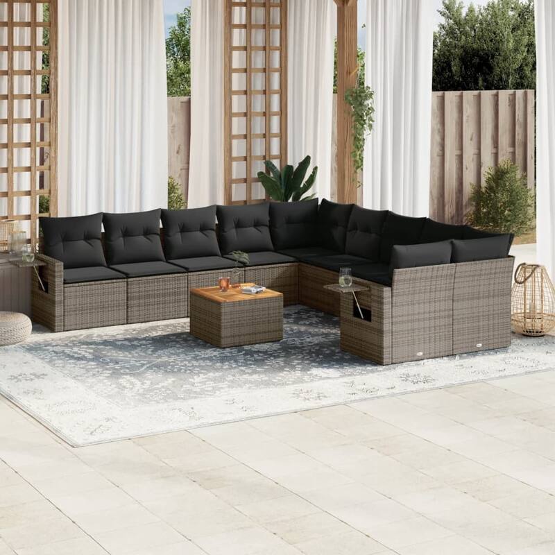 vidaXL Garden Sofa Set with Cushions Outdoor Sofa Set Corner Seat Poly Rattan - Grey Table + 2x corner + 6x middle - 24.4 x 24.4 x 27.2 in (W x L x H)