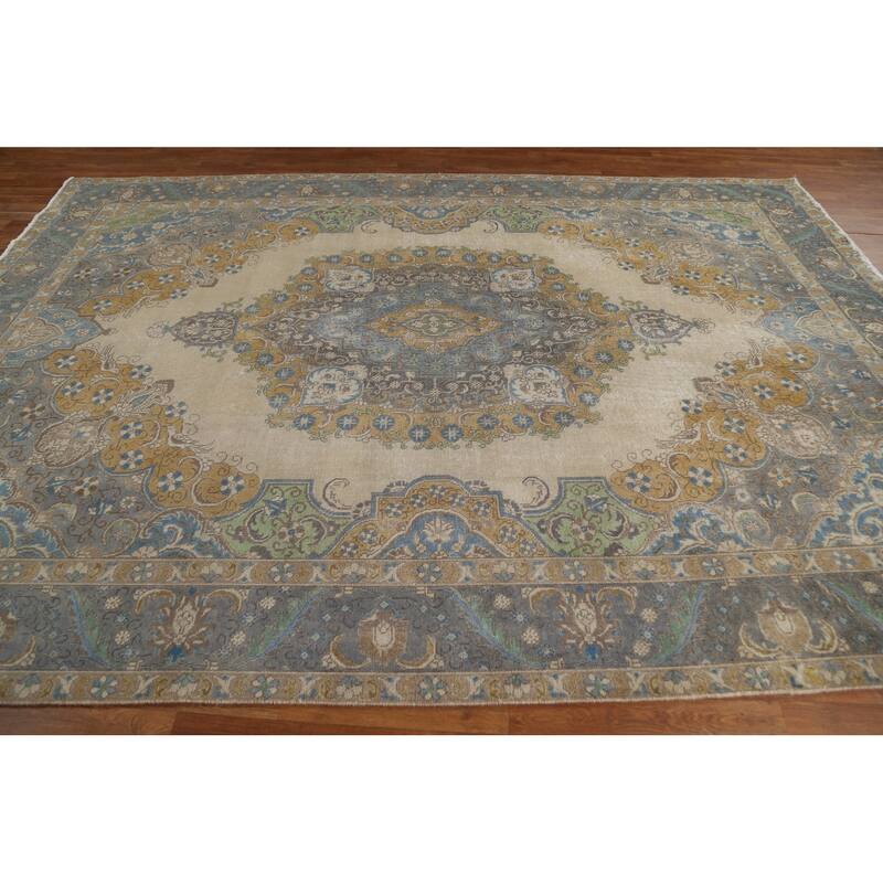 Hand Knotted Oriental 100% Wool Carpet Traditional Medallion Beige & Ivories Tabriz Area Rug - 11' 6'' X 8' 0''