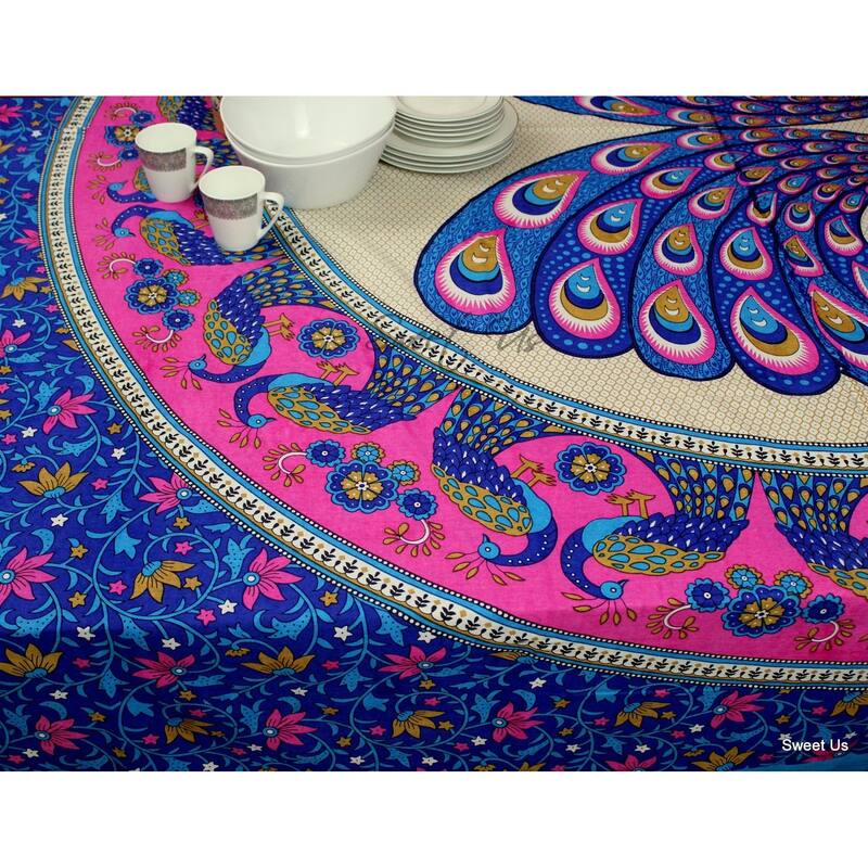 Cotton Floral Twin Peacock Tablecloth Indian BlockPrint Rectangle
