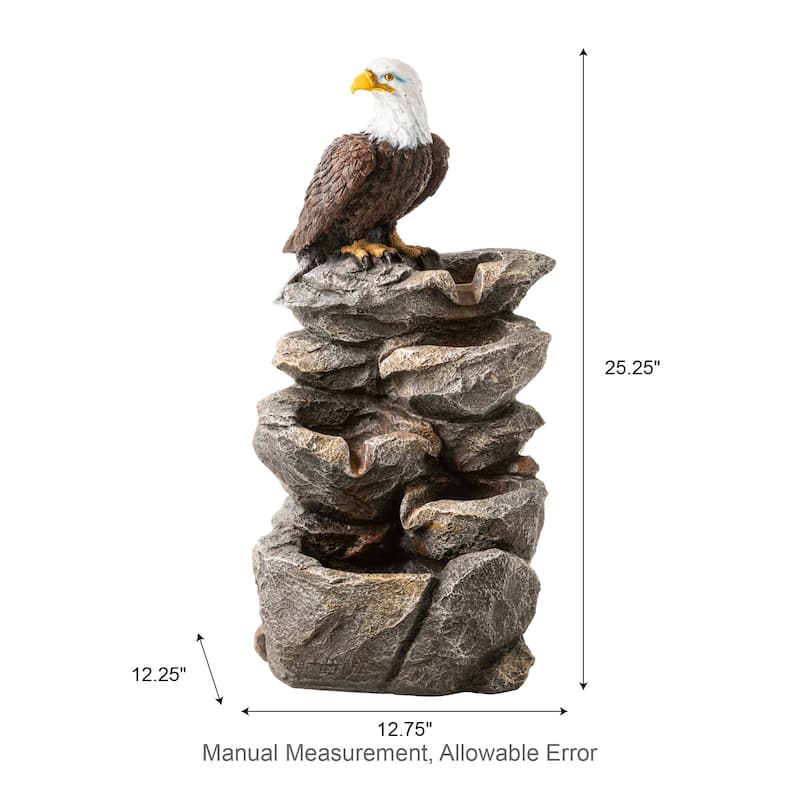 Glitzhome 25.25"H 4-Tiered Polyresin Eagel Stone Outdoor Fountain with Lights