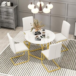 5 Piece Round Dining Table Set for 4 with Steel Frame Table & 4 Chairs ...