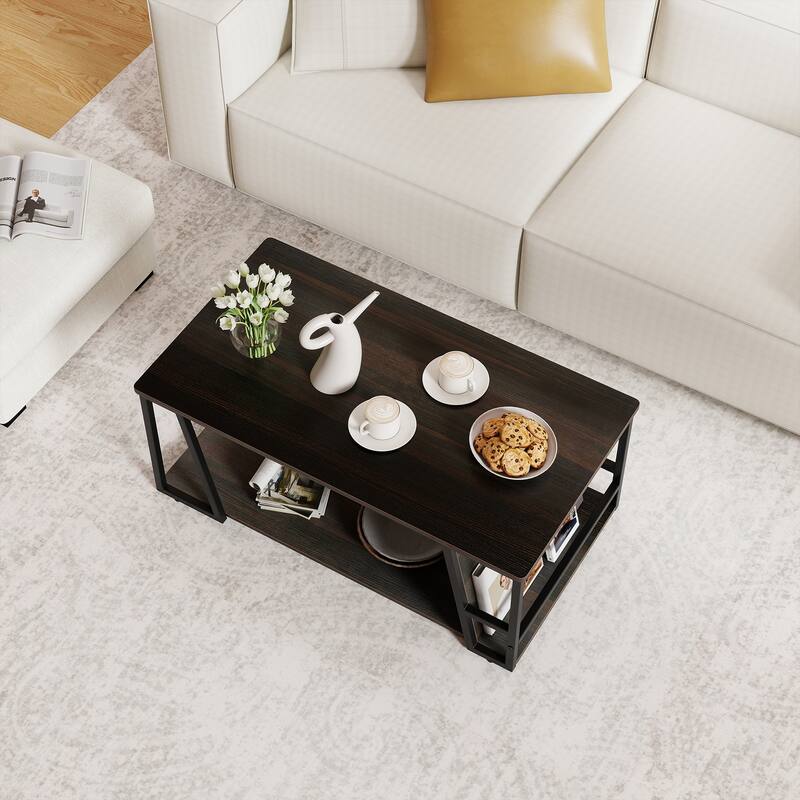 Industrial Coffee Table with Storage Shelf and Side Compartment Rectangle Wood and Metal Accent Table for Living Room