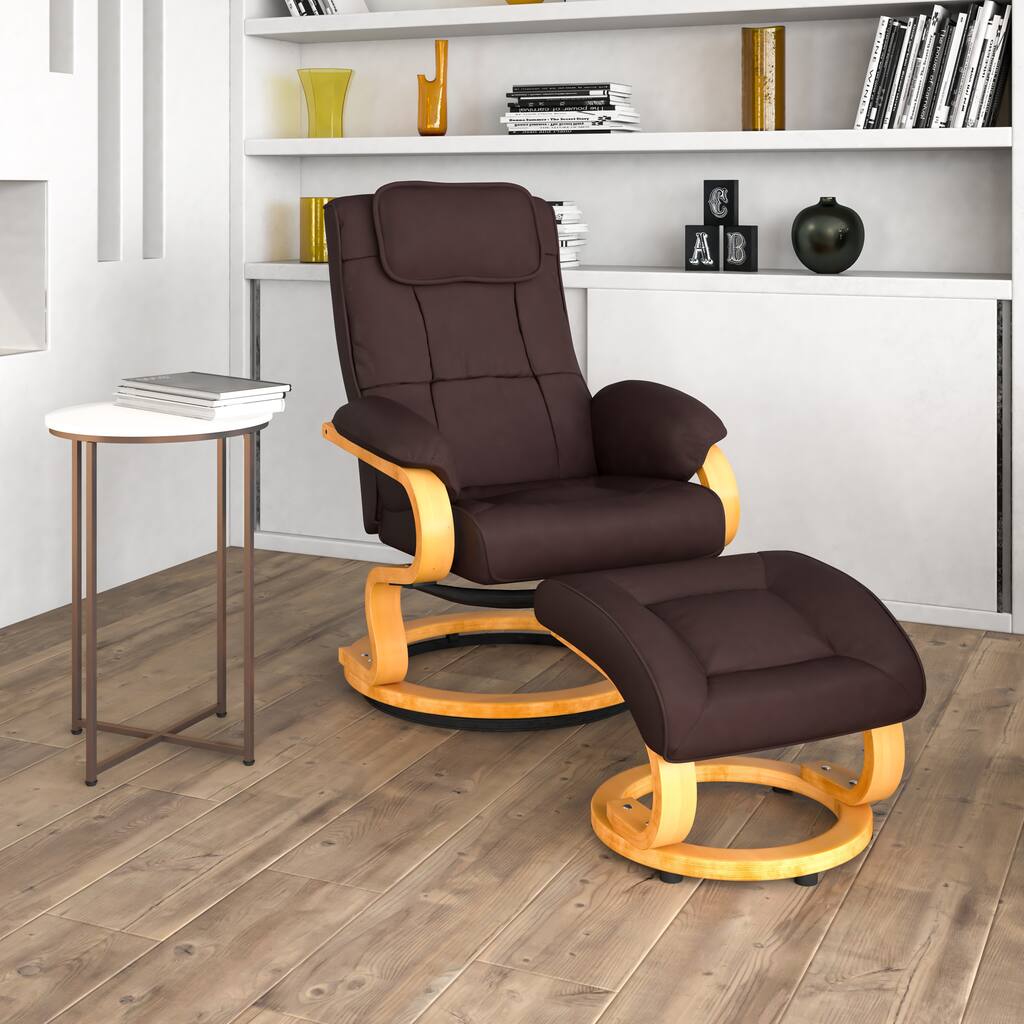 Contemporary Multi-Position Recliner and Ottoman with Swivel Maple Wood Base - 29.5"W x 34" - 41"D x 41"H
