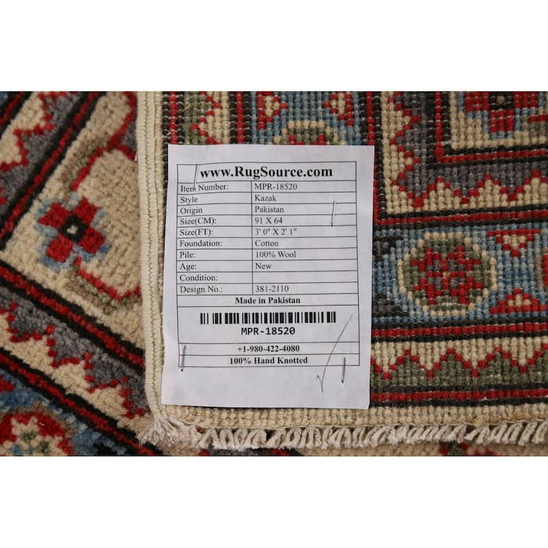Geometric Kazak Accent Rug Handmade Oriental Wool Carpet - 2'1" x 3'0"