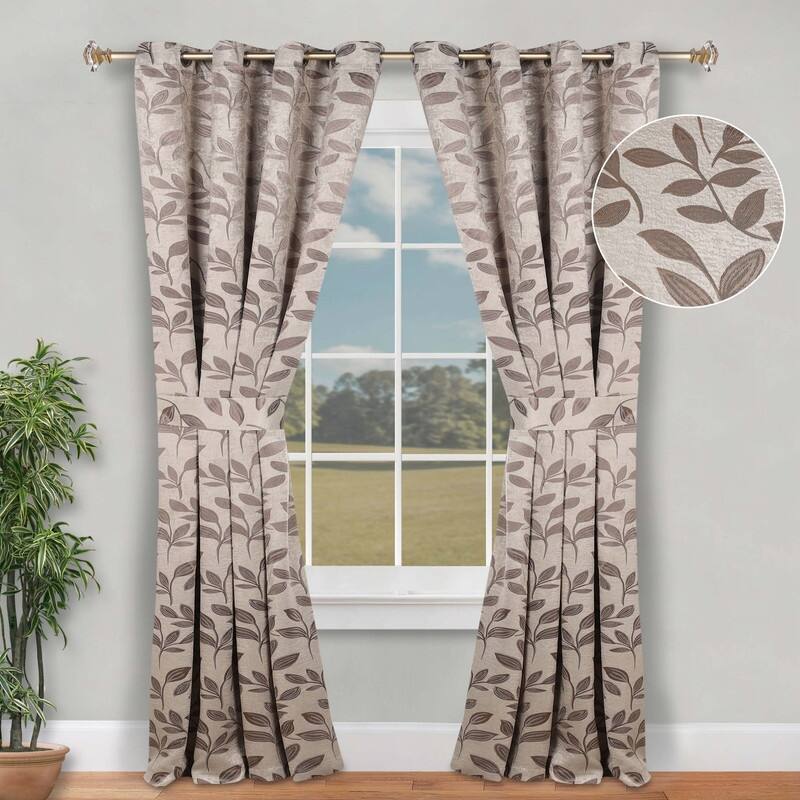 Superior Leaves Machine Washable Room Darkening Grommet With Ties Blackout Curtains, Set of 2