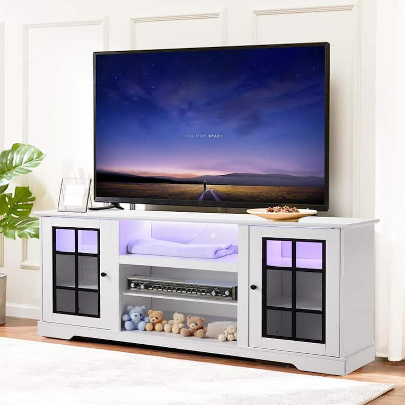 EROMMY 65 Inch TV Stand, Modern Entertainment Center with LED Lights & Storage. - 65inch. - White.
