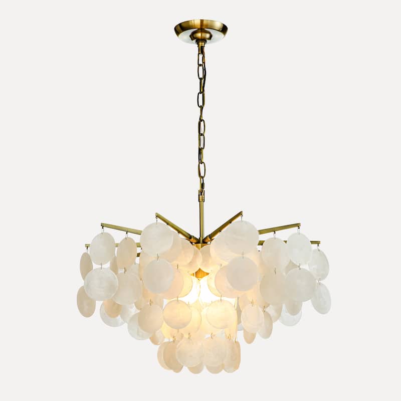 Cone Shape Tier Coastal Capiz Shells Chandelier With Antique Gold Metal