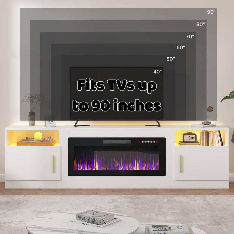 BOSSIN 80" Modern Electric Fireplace TV Stand with 20-Color LED Lights, Fits Up to 90" TV, Adjustable Shelves & Storage Cabinets