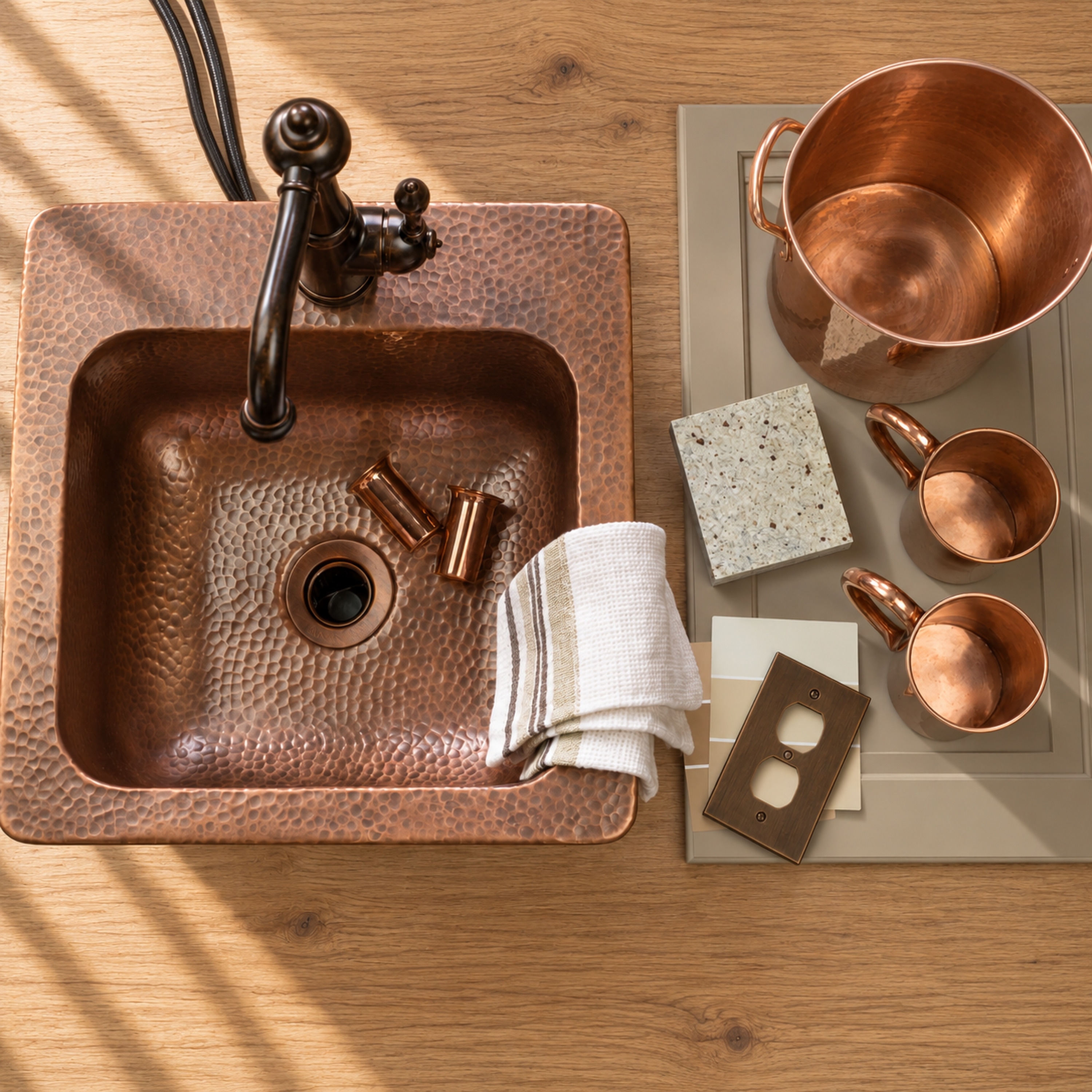 Angelico 15" Antique Copper Hand-Hammered Drop-In Single Bowl Bar and Prep Sink with 1 Faucet Hole