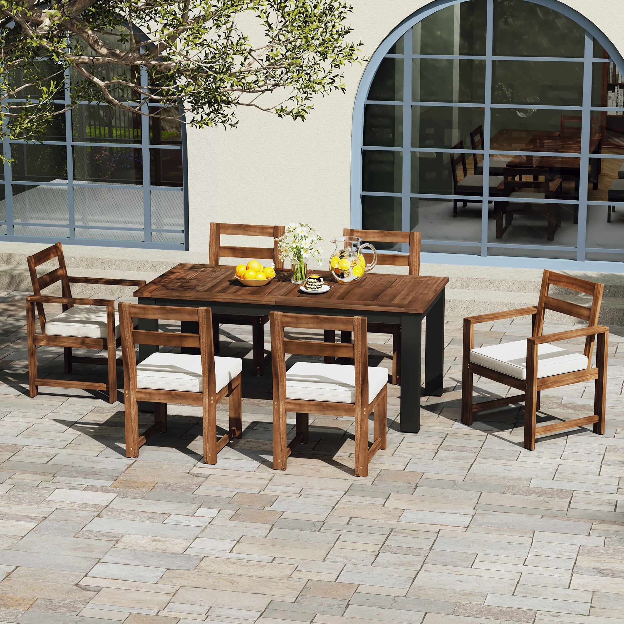 7 Piece Patio Table and Chairs Set, Wood Dining Table Set for 6 with Umbrella Hole, 2 Armchairs & 4 Side Chairs