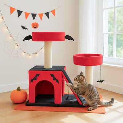 26" Gothic Cat Tree with Condo, Perches, Scratching Posts & Toy