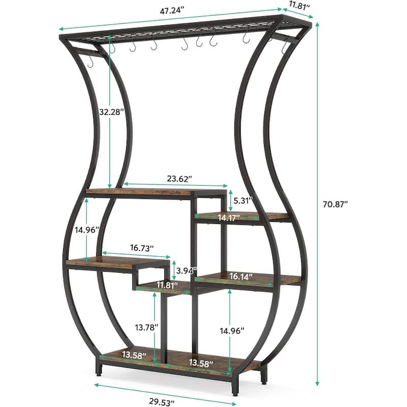 Black-Brown Metal and Particle Board Ladder Plant Stand with Hooks - 47.24” x 11.81” x 70.87”