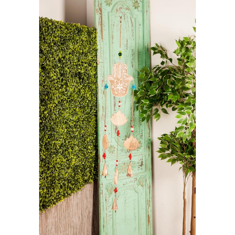 Brown Mango Wood Handmade Hamas Buddha Windchime with Glass Beads and Cone Bells - 5 x 1 x 32