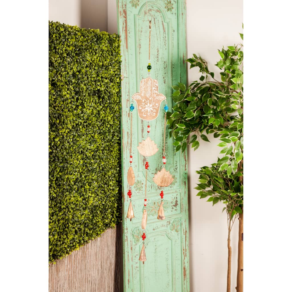 Brown Mango Wood Handmade Hamas Buddha Windchime with Glass Beads and Cone Bells - 5 x 1 x 32