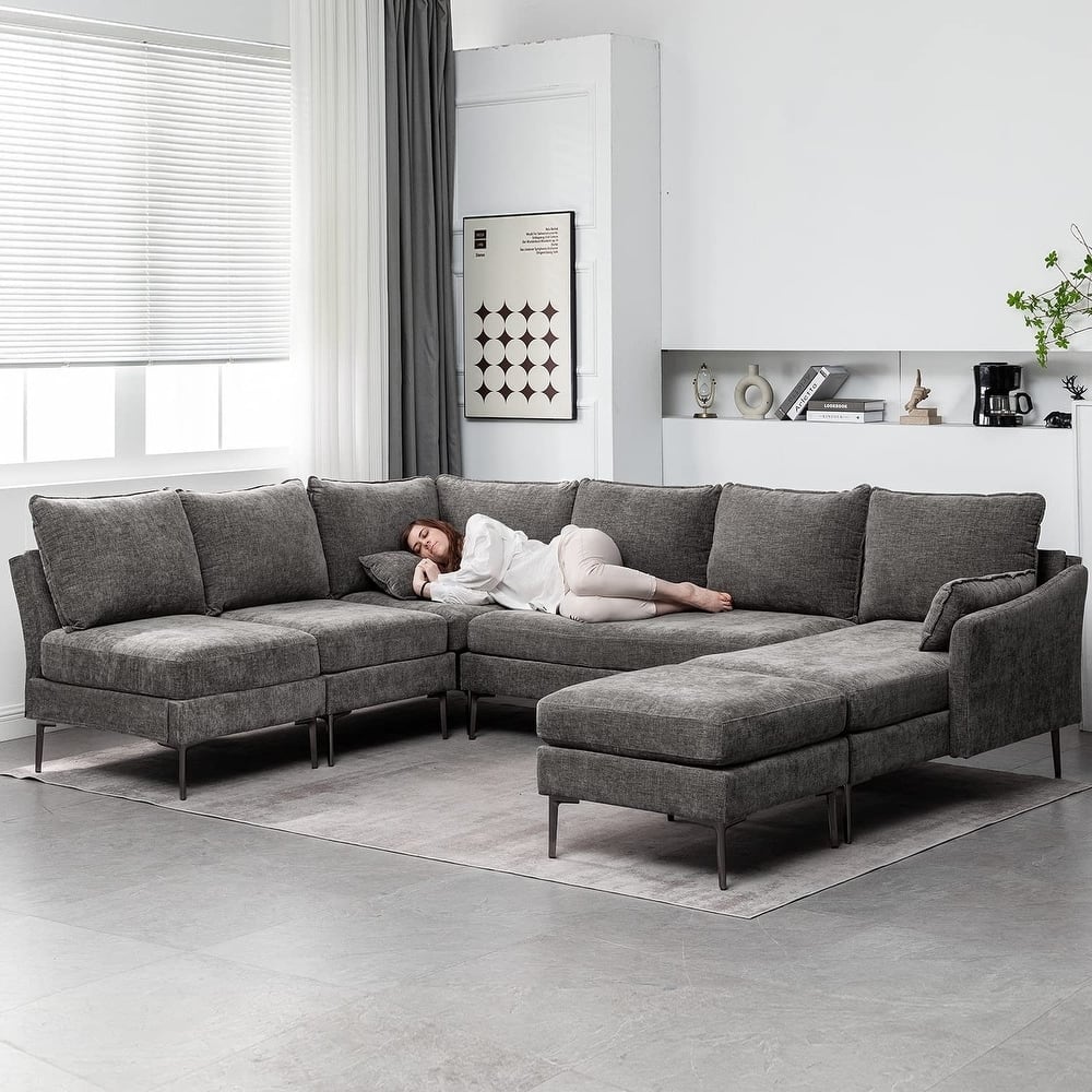 Modern Chenille Sectional Sofa with Reversible Chaise and Ottoman, Perfect for Living Rooms with Sleeper Function