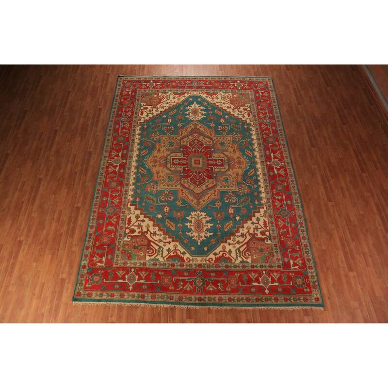 Green Medallion Oushak Indian Large Rug Hand-Knotted Wool Carpet - 9'7"x 13'9"