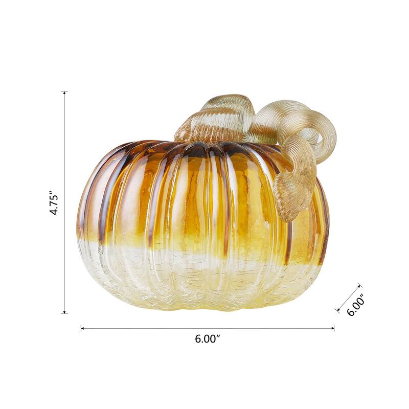Glitzhome 6"D Green Amber Crackle Hand Blown Glass Pumpkins for Fall Harvest Halloween