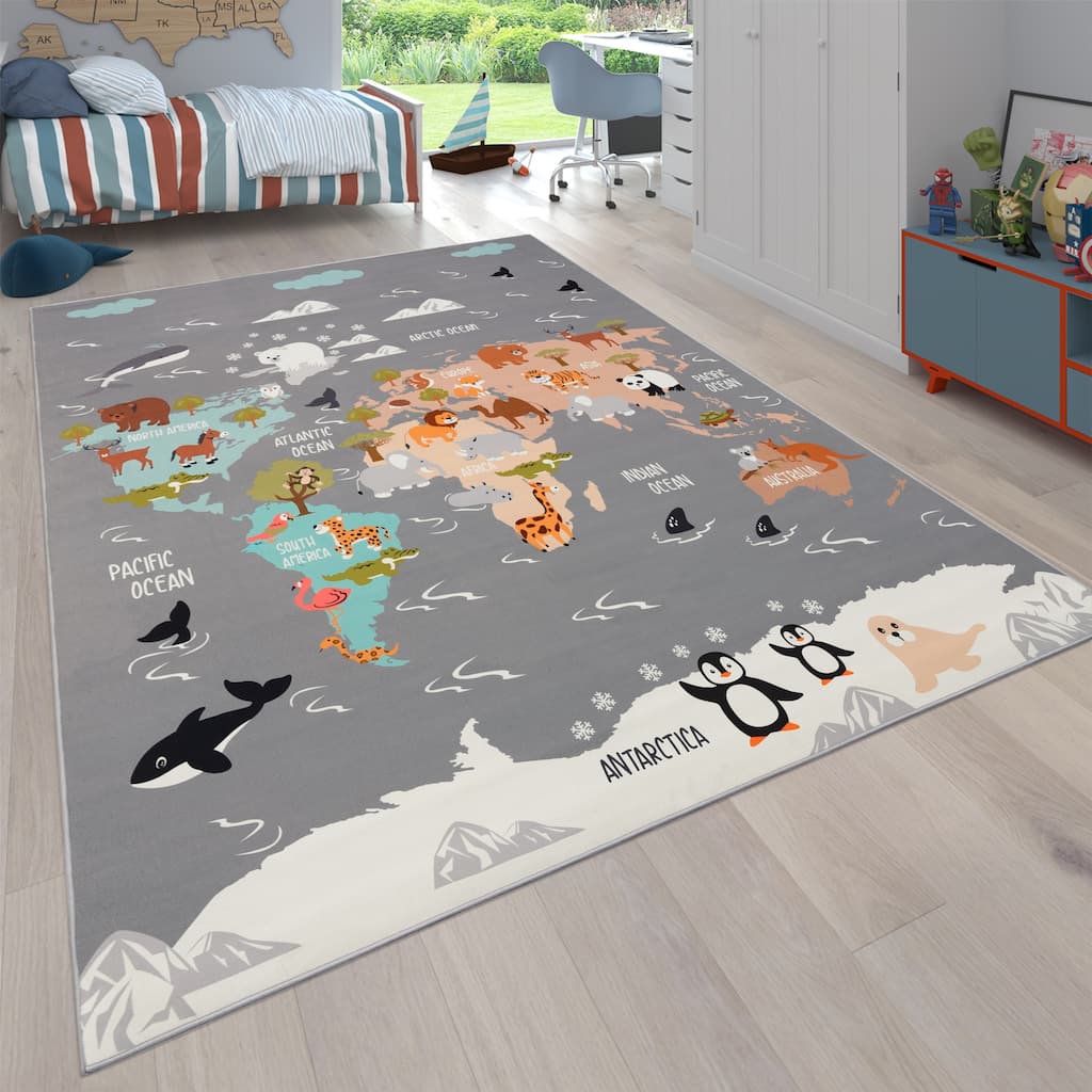 Kids Rug Play Mat with World Map & Charming Animals in Grey