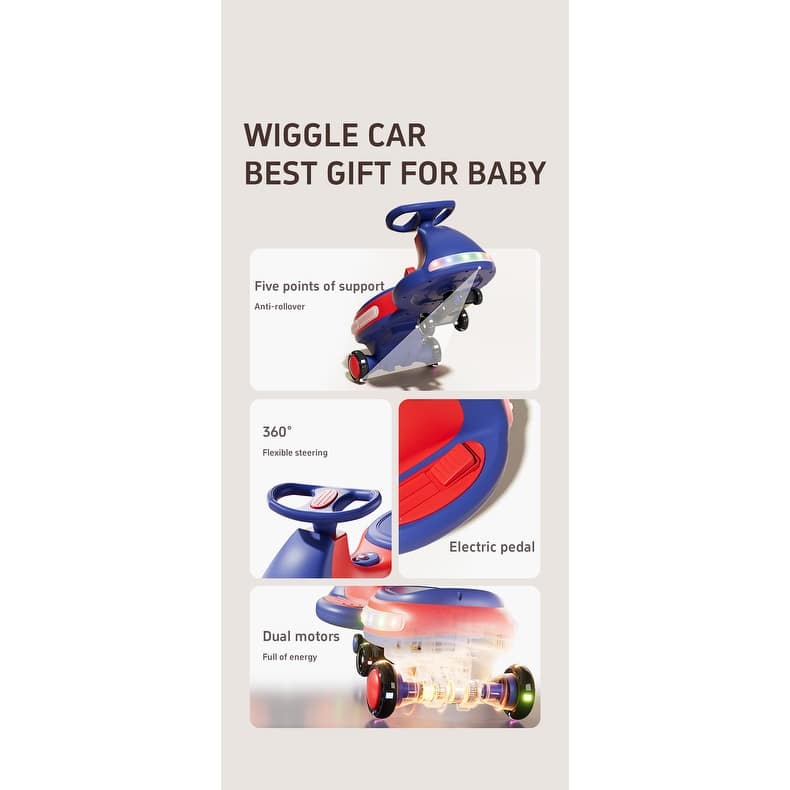 Kids Electric Ride On Car 12V Electric Wiggle Car, LED Lights, Music, Anti-Rollover for Boys and Girls Ages 3+ Indoor/Outdoor