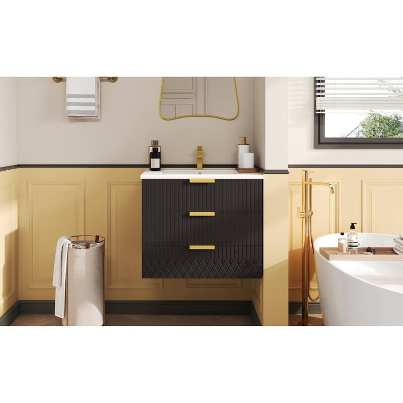 Roomfitters 24 Inch Wall Mounted Floating Vanity, Modern Small Bathroom Cabinet with Ceramic Basin Sink & 2 Sliding Tiers