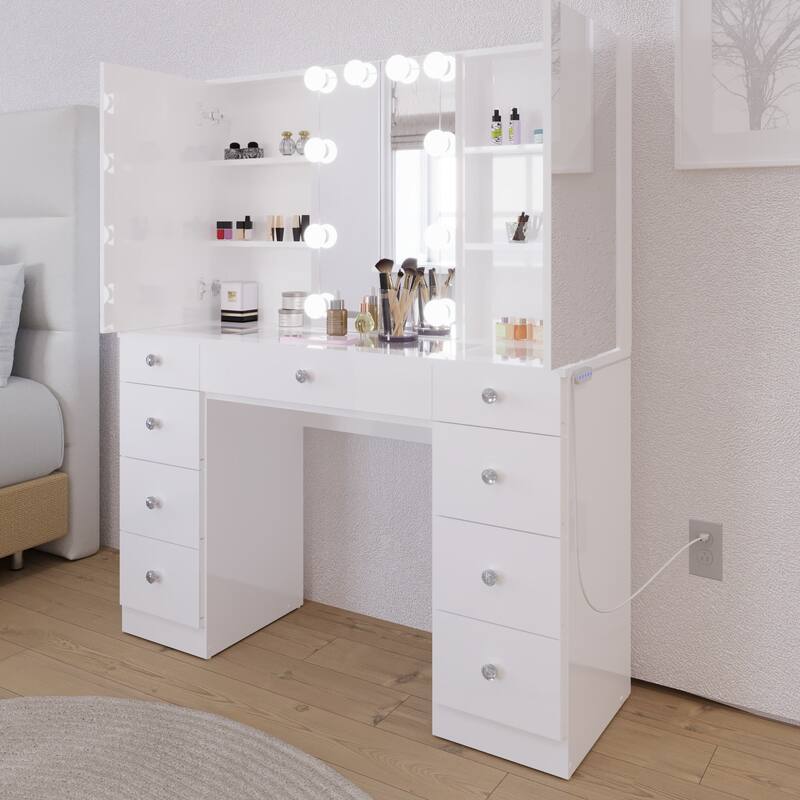 Boahaus w/Tri-Fold Lighted Makeup Vanity Desk With Glam Glass Top 9 Drawers