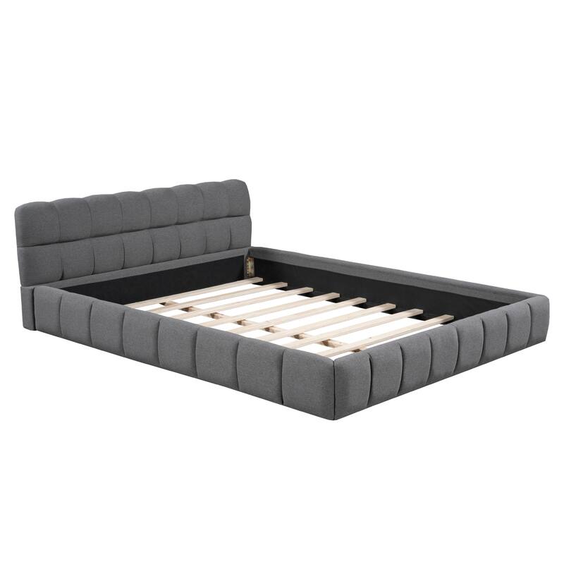 Modern Grounded Bed Frame Linen Fabric Upholstered Platform Bed Frame with Soft Headboard, No Box Spring Needed, Easy Assembly