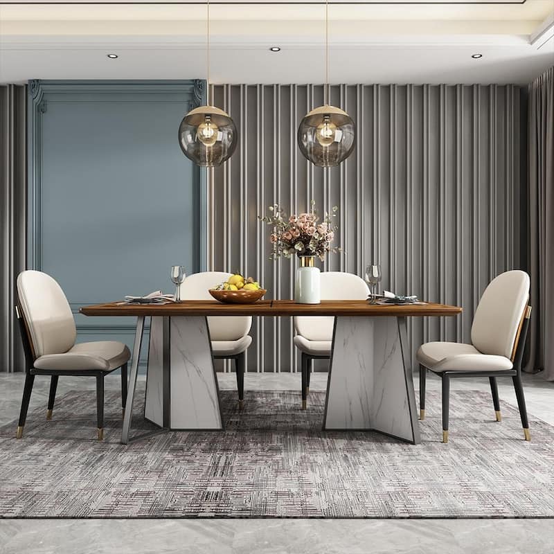 71" Modern Wood Dining Table, Ebony Solid Wood Tabletop , Sintered Stone & Stainless Steel Pedestal