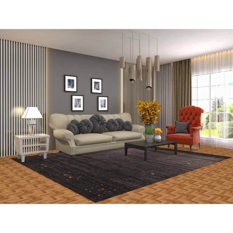 Tribal Gabbeh Indian Area Rug Handmade Black Wool Carpet - 7'10" x 9'4"