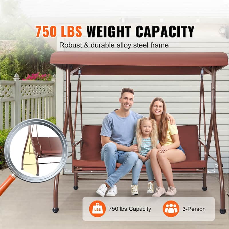3-Seat Outdoor Swing Chair with Canopy and Cushions for Patio or Porch - 72.8"×46.1"×46.1"