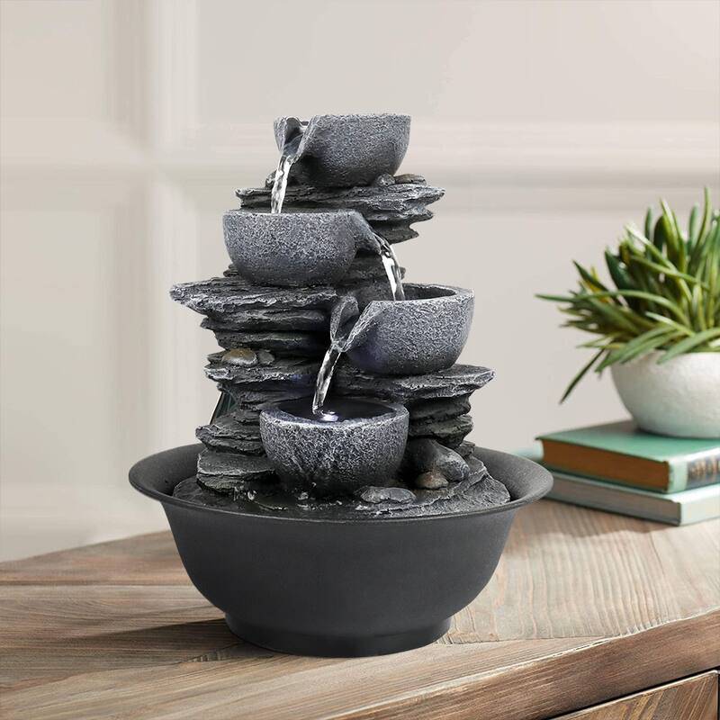 10.6-Inch H 4-Tier Bowls Cascading Tabletop Fountain with LED Light