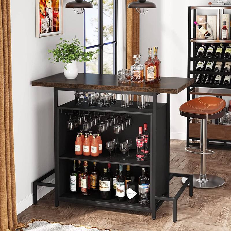 3-Tier Home Bar Unit with Glasses Holder and Wine Storage - 19.7"D x 47.24"W x 43.3"H